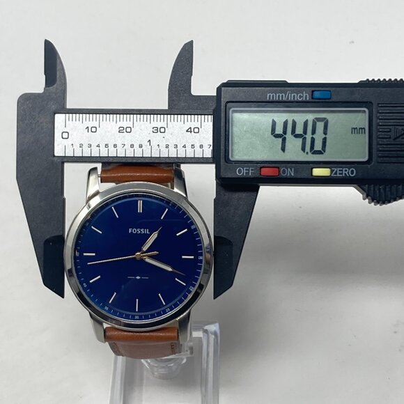 Fossil Minimalist Watch Men MISSING CROWN 44mm Silver Tone Blue Dial Leather - Picture 11 of 16